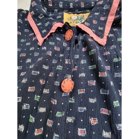 Vintage Martha Egan Button-Front Shirt Dress Medium Navy Printed Short Sleeve - Picture 7 of 8